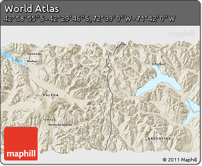 Shaded Relief 3D Map of the Area around 42° 44' 20" S, 72° 10' 30" W