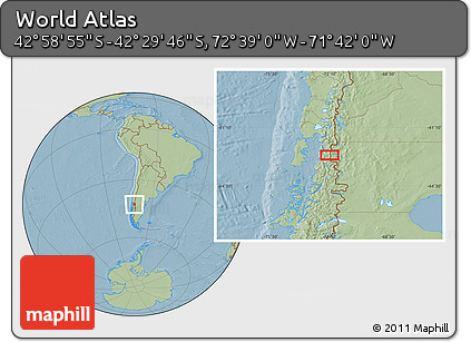 Savanna Style Location Map of the Area around 42° 44' 20" S, 72° 10' 30" W, hill shading