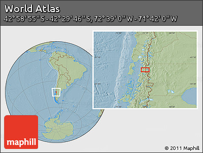 Savanna Style Location Map of the Area around 42° 44' 20" S, 72° 10' 30" W, hill shading