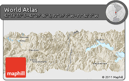 Shaded Relief Panoramic Map of the Area around 42° 44' 20" S, 72° 10' 30" W