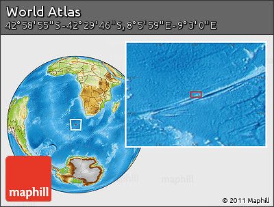 Physical Location Map of the Area around 42° 44' 20" S, 8° 34' 29" E