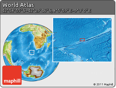 Physical Location Map of the Area around 42° 44' 20" S, 8° 34' 29" E