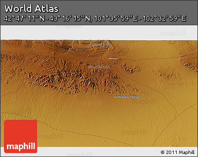 Physical 3D Map of the Area around 43° 1' 43" N, 102° 4' 29" E