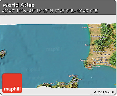 Satellite 3D Map of the Area around 43° 1' 43" N, 10° 16' 30" E