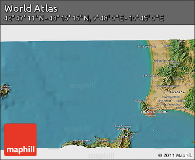 Satellite 3D Map of the Area around 43° 1' 43" N, 10° 16' 30" E