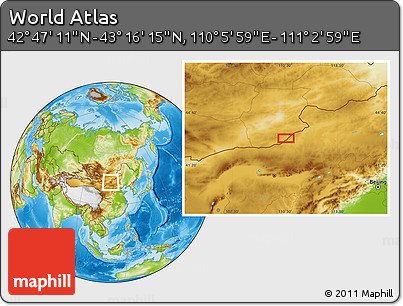 Physical Location Map of the Area around 43° 1' 43" N, 110° 34' 29" E