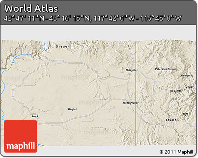 Shaded Relief 3D Map of the Area around 43° 1' 43" N, 117° 13' 29" W
