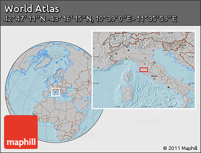 Gray Location Map of the Area around 43° 1' 43" N, 11° 7' 30" E, hill shading