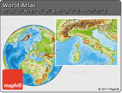 Physical Location Map of the Area around 43° 1' 43" N, 11° 7' 30" E