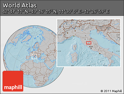 Gray Location Map of the Area around 43° 1' 43" N, 11° 58' 29" E, hill shading