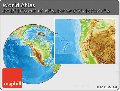 Physical Location Map of the Area around 43° 1' 43" N, 123° 10' 30" W