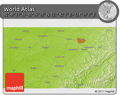 Physical 3D Map of the Area around 43° 1' 43" N, 124° 10' 30" E