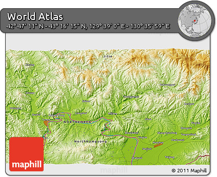 Physical 3D Map of the Area around 43° 1' 43" N, 130° 7' 30" E