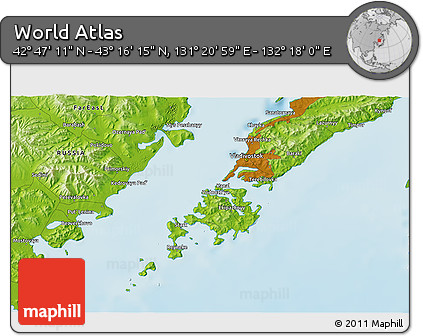 Physical 3D Map of the Area around 43° 1' 43" N, 131° 49' 29" E
