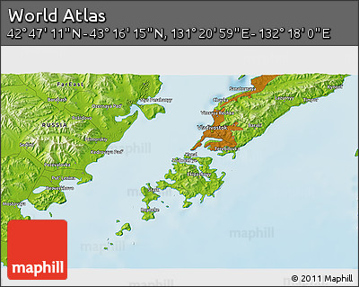 Physical 3D Map of the Area around 43° 1' 43" N, 131° 49' 29" E