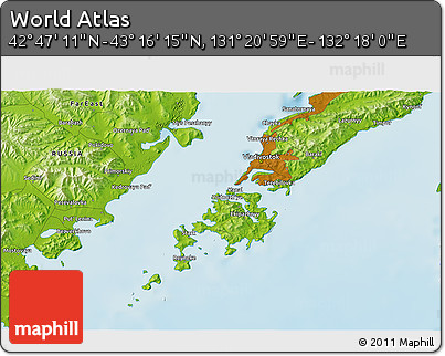 Physical 3D Map of the Area around 43° 1' 43" N, 131° 49' 29" E
