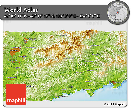 Physical 3D Map of the Area around 43° 1' 43" N, 133° 31' 30" E