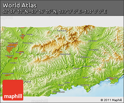 Physical 3D Map of the Area around 43° 1' 43" N, 133° 31' 30" E