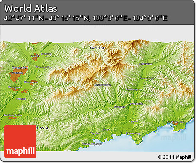 Physical 3D Map of the Area around 43° 1' 43" N, 133° 31' 30" E