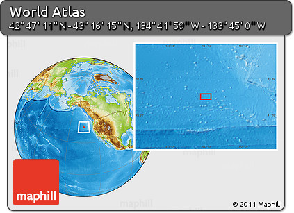 Physical Location Map of the Area around 43° 1' 43" N, 134° 13' 29" W