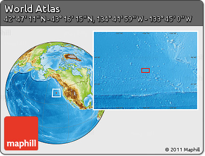 Physical Location Map of the Area around 43° 1' 43" N, 134° 13' 29" W