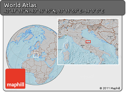 Gray Location Map of the Area around 43° 1' 43" N, 13° 40' 30" E, hill shading