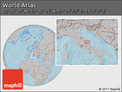 Gray Location Map of the Area around 43° 1' 43" N, 13° 40' 30" E, hill shading