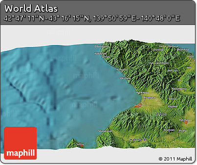 Satellite 3D Map of the Area around 43° 1' 43" N, 140° 19' 29" E