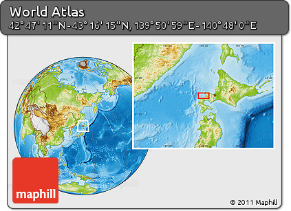 Physical Location Map of the Area around 43° 1' 43" N, 140° 19' 29" E