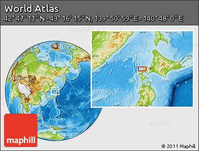 Physical Location Map of the Area around 43° 1' 43" N, 140° 19' 29" E