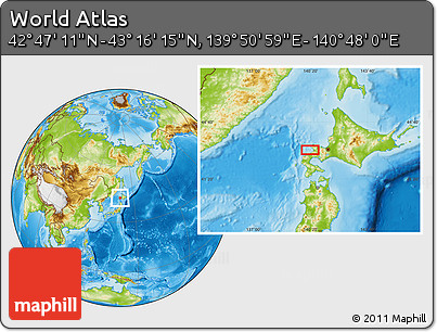 Physical Location Map of the Area around 43° 1' 43" N, 140° 19' 29" E