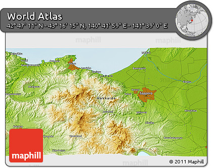 Physical 3D Map of the Area around 43° 1' 43" N, 141° 10' 30" E