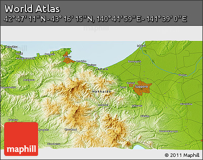 Physical 3D Map of the Area around 43° 1' 43" N, 141° 10' 30" E