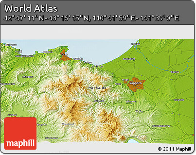 Physical 3D Map of the Area around 43° 1' 43" N, 141° 10' 30" E