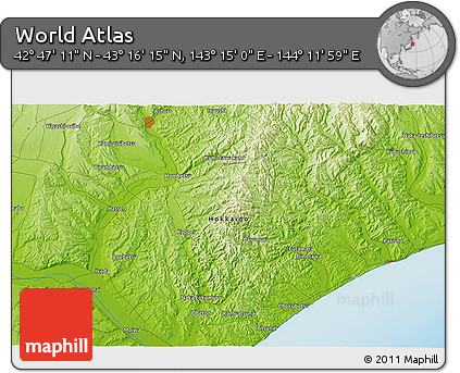 Physical 3D Map of the Area around 43° 1' 43" N, 143° 43' 29" E