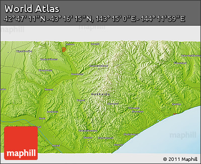 Physical 3D Map of the Area around 43° 1' 43" N, 143° 43' 29" E