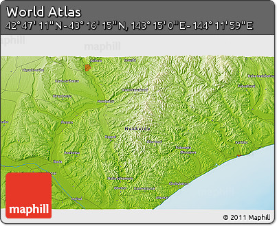 Physical 3D Map of the Area around 43° 1' 43" N, 143° 43' 29" E