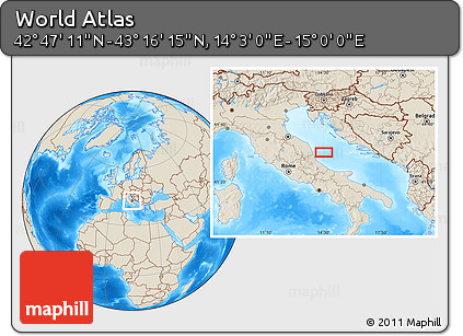 Shaded Relief Location Map of the Area around 43° 1' 43" N, 14° 31' 30" E
