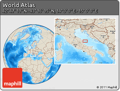 Shaded Relief Location Map of the Area around 43° 1' 43" N, 14° 31' 30" E