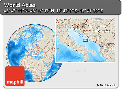 Shaded Relief Location Map of the Area around 43° 1' 43" N, 16° 13' 30" E