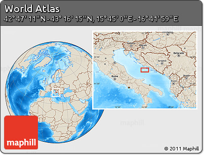 Shaded Relief Location Map of the Area around 43° 1' 43" N, 16° 13' 30" E