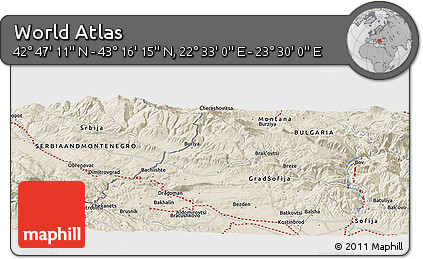 Shaded Relief Panoramic Map of the Area around 43° 1' 43" N, 23° 1' 29" E