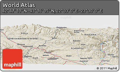 Shaded Relief Panoramic Map of the Area around 43° 1' 43" N, 23° 1' 29" E