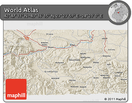 Shaded Relief 3D Map of the Area around 43°&nbsp;1'&nbsp;43"&nbsp;N,&nbsp;23°&nbsp;52'&nbsp;30"&nbsp;E