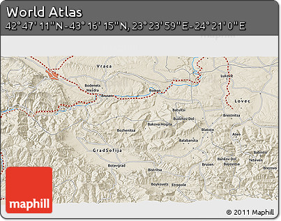 Shaded Relief 3D Map of the Area around 43°&nbsp;1'&nbsp;43"&nbsp;N,&nbsp;23°&nbsp;52'&nbsp;30"&nbsp;E