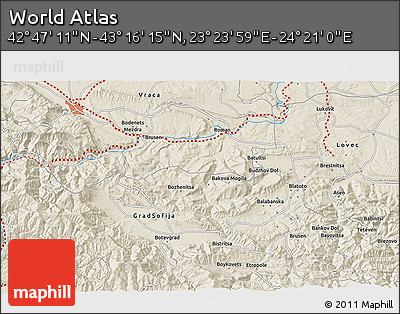 Shaded Relief 3D Map of the Area around 43°&nbsp;1'&nbsp;43"&nbsp;N,&nbsp;23°&nbsp;52'&nbsp;30"&nbsp;E