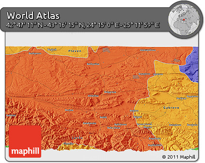 Political 3D Map of the Area around 43° 1' 43" N, 24° 43' 30" E