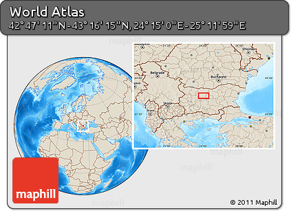 Shaded Relief Location Map of the Area around 43° 1' 43" N, 24° 43' 30" E