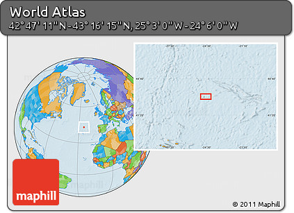 Political Location Map of the Area around 43° 1' 43" N, 24° 34' 30" W