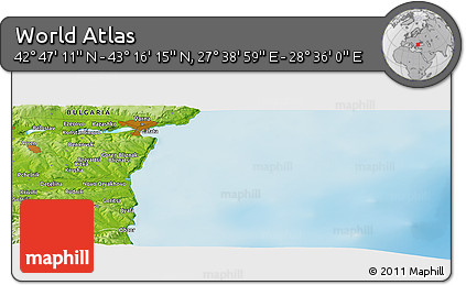 Physical Panoramic Map of the Area around 43° 1' 43" N, 28° 7' 30" E